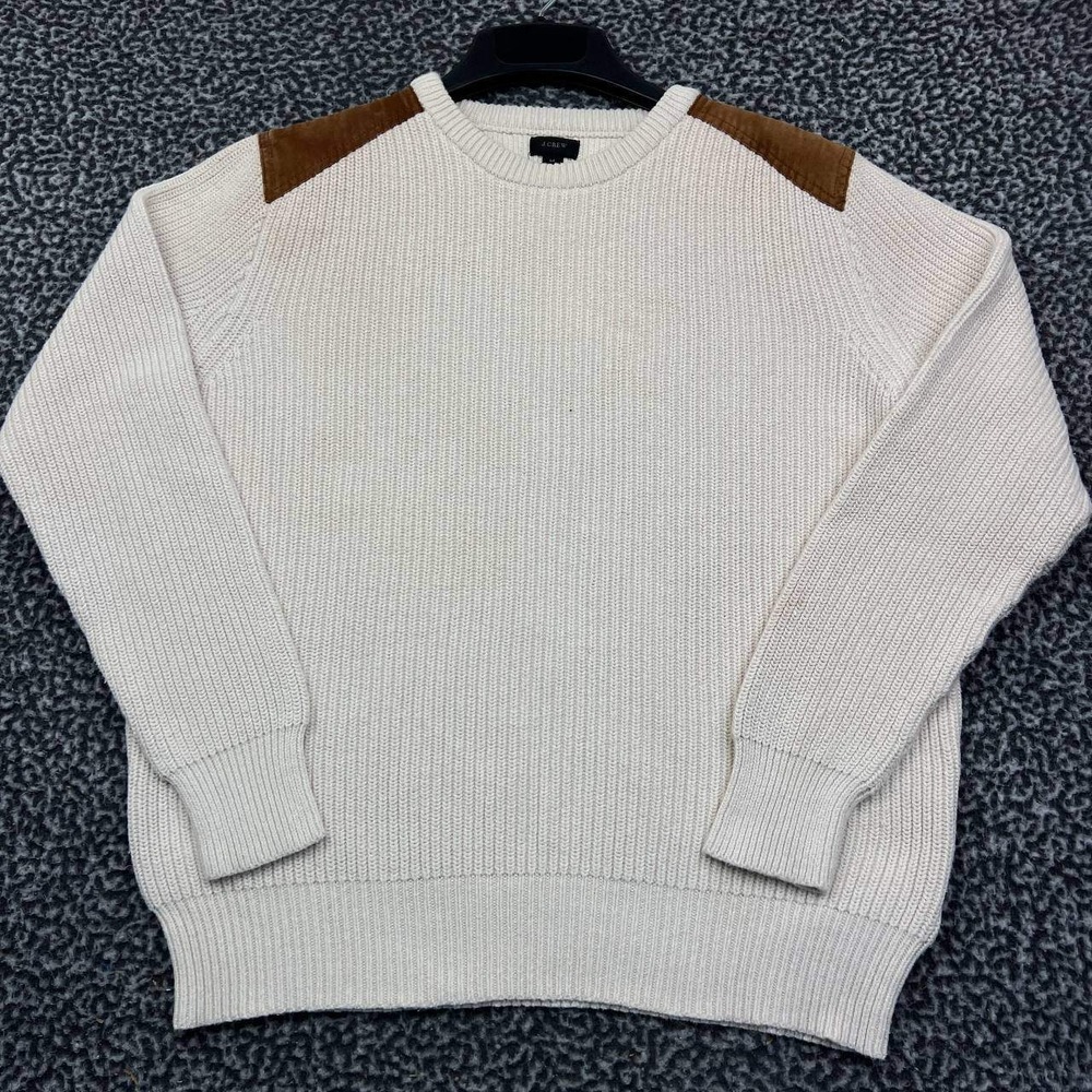J. Crew Fisherman Sweater Men Medium Knit Pullover Suede Shoulder Patch Cotton M